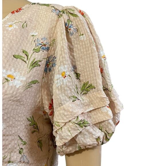 Madewell Women's Blush Pink Floral V-Neck Silk Blouse S Puff Sleeves-Cottagecore - Picture 2 of 13